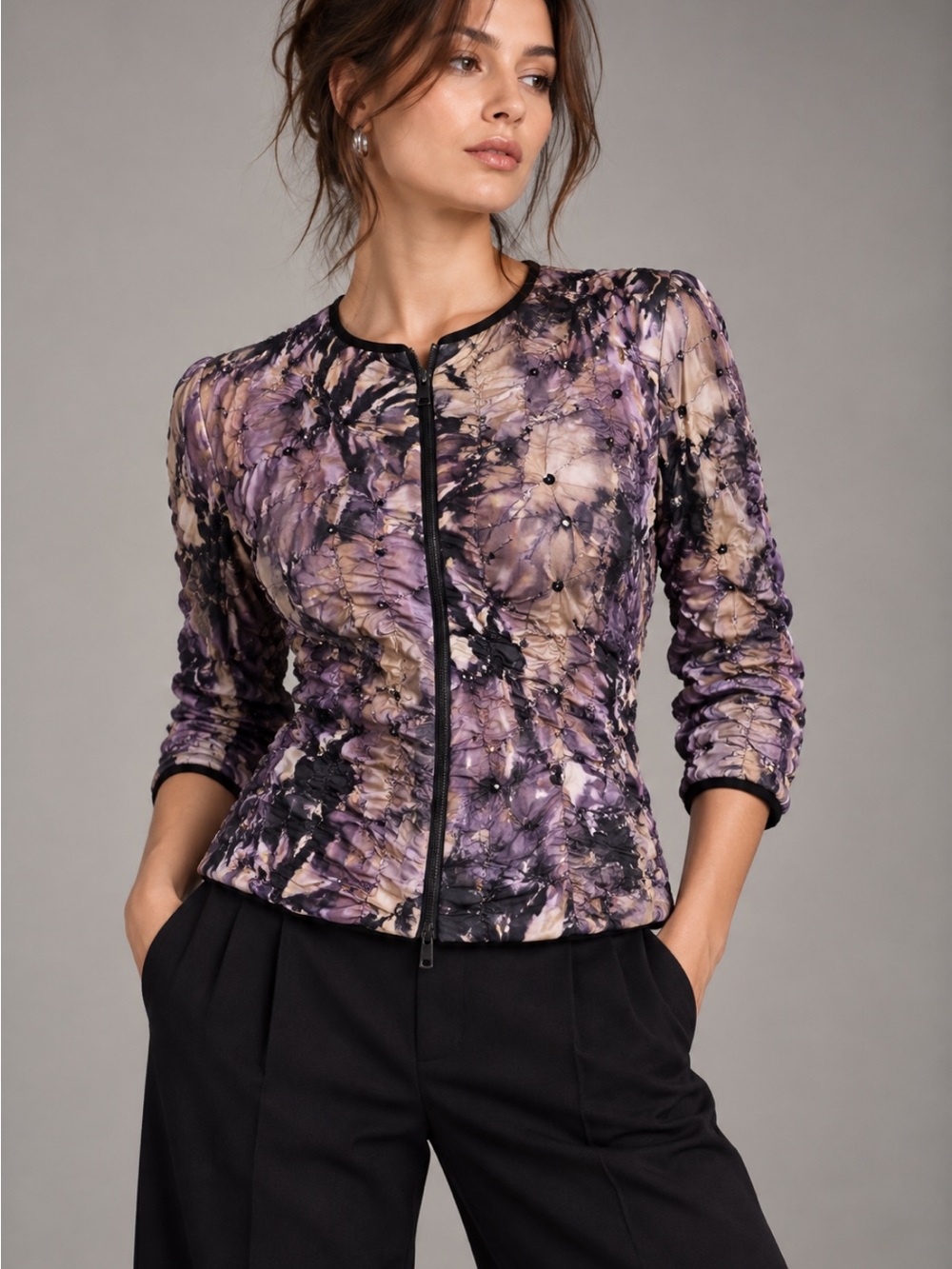 Frank Lyman Abstract Crinkle Sequin Zip Jacket Purple Size 6 Made in Canada